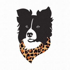 May include: Black and white silhouette of a Border Collie dog wearing a leopard print bandana.