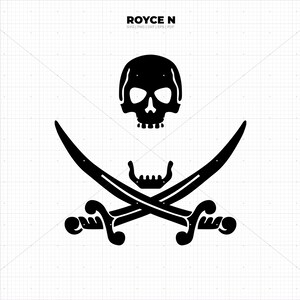 May include: Black and white pirate skull and crossbones design. The skull has two eye sockets and a large, toothy grin. The crossbones are formed by two swords with curved blades.