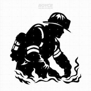 May include: Black silhouette of a firefighter in action, wearing a helmet and gear, with flames rising from the bottom. The image has a minimalist design, with the word "ROYCE" at the top.