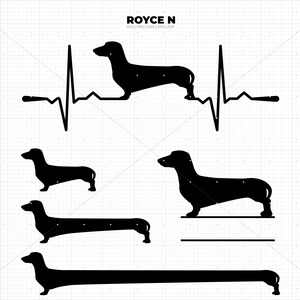 May include: Black silhouette of a dachshund dog with a heartbeat graphic above it. The name "ROYCE N" is at the top of the image. The image also includes three smaller dachshund silhouettes.