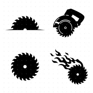 May include: Four black and white illustrations of circular saw blades. The first image shows a saw blade with a flat edge. The second image shows a saw blade attached to a circular saw. The third image shows a saw blade with a flat edge. The fourth image shows a saw blade with flames behind it.