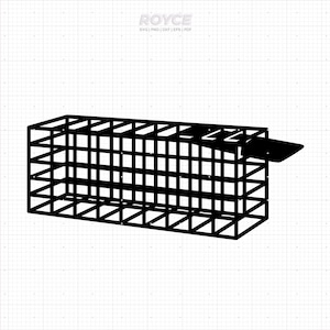 Puede incluir: Dibujo en blanco y negro de una jaula con una puerta con bisagras. La jaula está hecha de malla de alambre y tiene una forma rectangular.