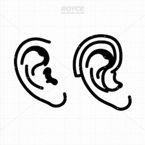 May include: A black and white line drawing of two human ears. The ears are facing opposite directions.