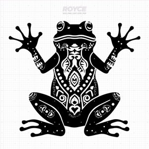 May include: Black and white silhouette of a frog with intricate geometric patterns on its body. The frog is sitting with its legs spread out and its eyes closed.