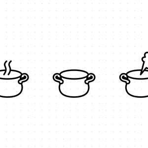 May include: Three black line drawings of a pot with handles. The first pot has steam coming from it. The second pot is empty. The third pot has a cloud of steam coming from it.