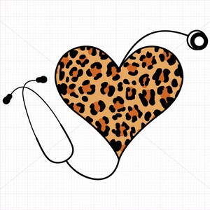 May include: A leopard print heart with a black stethoscope wrapped around it. The stethoscope has a black earpiece and a black round end.