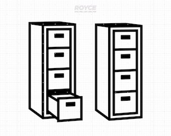 May include: A black and white illustration of a filing cabinet with four drawers. One drawer is open and pulled out.