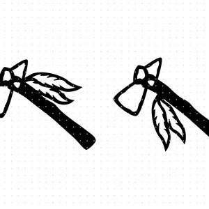 May include: Two black tomahawks with feathers, one facing left and one facing right.