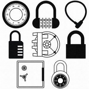 cerradura svg, caja fuerte svg, bóveda svg, candado svg, candado de bicicleta svg, cerradura de combinación svg, clipart, png, logotipo dxf, archivos de corte vectorial eps para cricut