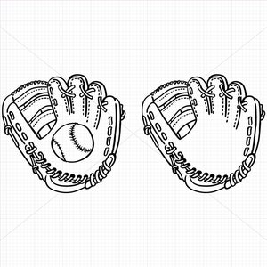 Op de afbeelding: Een zwart-witte lijntekening van twee honkbalhandschoenen met een honkbal in een van de handschoenen.