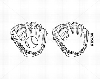 以下が含まれることがあります： 2つの野球グローブと、そのうちの1つのグローブの中に野球ボールが入っている、白黒の線画です。