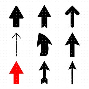May include: A collection of nine black and red arrow icons pointing upwards. The arrows are in various styles, including simple, bold, and curved.