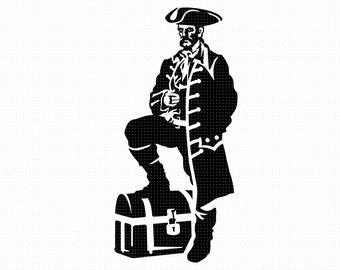 pirate captain standing on a treasure chest svg, pirate captain clipart, png, dxf logo, vector eps cut files for cricut and silhouette use