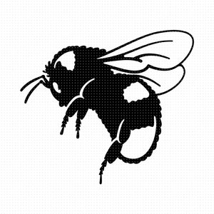 May include: Black and white silhouette of a bumblebee with wings spread out. The bumblebee is facing to the left and has a fuzzy body.