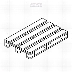 Op de afbeelding: Een zwart-witte lijntekening van een houten pallet, bekeken vanuit een isometrisch perspectief. De pallet heeft vier horizontale latten en negen verticale steunen.