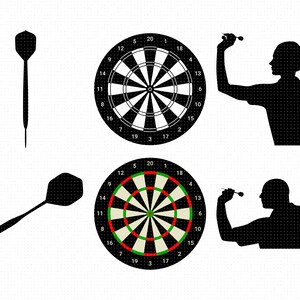May include: A black and white dartboard with red and green rings around the bullseye. Two silhouettes of people throwing darts at the board.