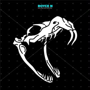 May include: A white illustration of a snake skull with open jaws on a black background. The image includes the text "ROYCE N" in the upper left corner, along with file type abbreviations.