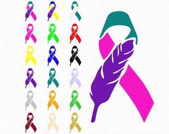 Feather Awareness Ribbon Cut Files, Cancer Clipart (svg, png, dxf, eps, pdf)