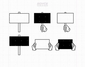 May include: Six black and white illustrations of a hand holding a sign. The signs are blank or filled in black. The signs are all the same size and shape.