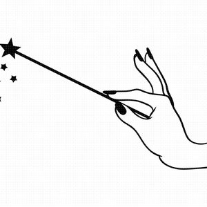 main avec baguette magique svg, clipart magique arrosage à la main, main féminine png, dxf poussière de fée pour logo, fichiers vectoriels eps coupés pour cricut