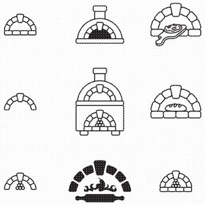 Peut inclure: Ensemble de neuf dessins au trait en noir et blanc de différents styles de fours à pizza. Les fours sont représentés dans différentes tailles et formes, certains montrant des détails comme un feu à l'intérieur ou un pain.