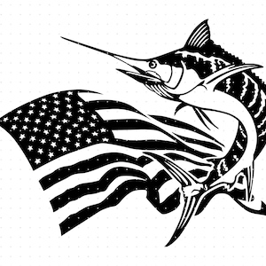 marlin with an american flag svg, american flag marlin clipart, fishing png, dxf logo, vector eps cut files for cricut and silhouette use