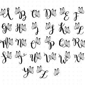 Alphabet cursif avec un papillon svg, clipart lettres papillon, png, logo dxf, fichiers vectoriels eps pour cricut et silhouette