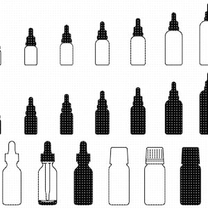 May include: A set of 15 black and white dropper bottles in various sizes. The bottles are all made of glass and have a dropper top. The bottles are arranged in three rows of five.