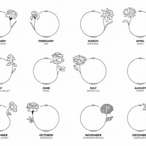Mois de naissance fleurs monogramme svg, naissance fleur cercle cadre clipart, png, logo dxf, fichiers vectoriels eps pour cricut et silhouette