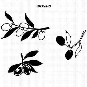 Puede incluir: Tres ilustraciones en blanco y negro de ramas de olivo con aceitunas. La primera ilustración muestra una rama con tres aceitunas. La segunda ilustración muestra una rama con dos aceitunas. La tercera ilustración muestra una rama con dos aceitunas.