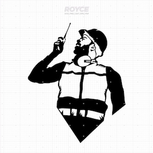 Puede incluir: Ilustración en blanco y negro de una persona con casco y micrófono. La persona está mirando hacia arriba y tiene barba.