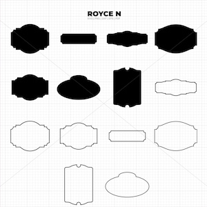 Könnte beinhalten: Ein Satz von 12 schwarzen und weißen druckbaren Etikettenvorlagen. Die Vorlagen sind in verschiedenen Formen, darunter Kreise, Ovale, Rechtecke und Quadrate. Die Vorlagen sind perfekt, um Ihren Projekten einen Hauch von Eleganz zu verleihen.
