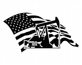May include: A black and white illustration of an oil derrick with an American flag waving behind it.
