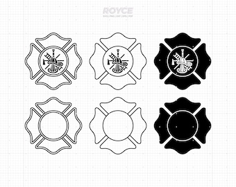 May include: Six black and white firefighter emblem designs. Three designs feature a firefighter helmet, axe, ladder, and hose. The other three designs are blank.