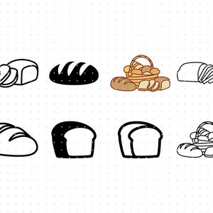 May include: A set of black and white line drawings of various types of bread, including loaves, rolls, and slices. Some of the bread is in a basket.