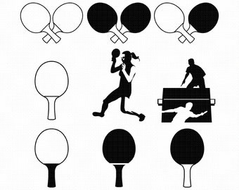 以下が含まれることがあります： 黒と白の卓球ラケットのセット。ラケットは、2つのラケットが交差している状態、2つのラケットが並んでいる状態、1つのラケットなど、さまざまな位置に配置されています。卓球をしている人のシルエットもあります。
