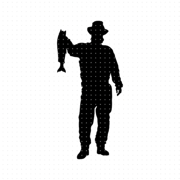 man holding a fish svg, fisherman with his catch clipart, catching a fish png, dxf logo, vector eps cut files for cricut and silhouette use