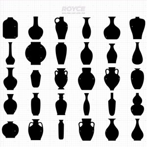May include: A collection of 36 black silhouette vase designs. The vases are in various shapes and sizes, including round, oval, and rectangular.