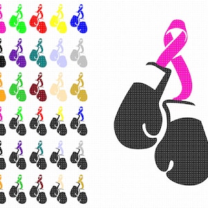 Bewustzijnslinten svg, bokshandschoenen clipart, knock-out kanker png, strijd dxf, roze lint svg, groenblauw lint svg, blauw lint svg