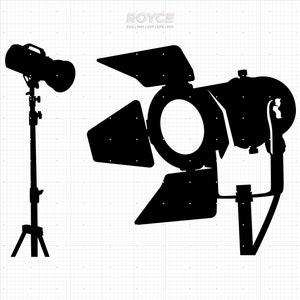 以下が含まれることがあります： 2つのスタジオライトの白黒シルエット。1つのライトは三脚スタンドに、もう1つはハンドル付きのスタンドに設置されています。