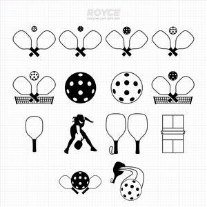 Peut inclure: Un ensemble de silhouettes noires et blanches de raquettes et de balles de pickleball. L'ensemble comprend des raquettes croisées, des raquettes avec une balle, un joueur frappant une balle, un filet et un terrain.