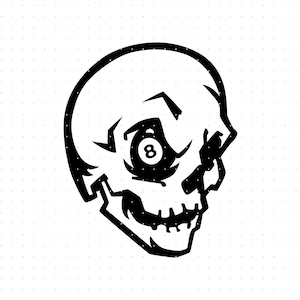 Puede incluir: Ilustración en blanco y negro de una calavera con una bola de billar con el número 8 en la cuenca del ojo.