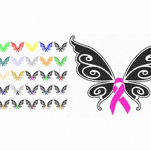 awareness ribbons svg, ribbon with butterfly wings clipart, cancer ribbon png, pink ribbon dxf, fairy wings eps cut files for cricut