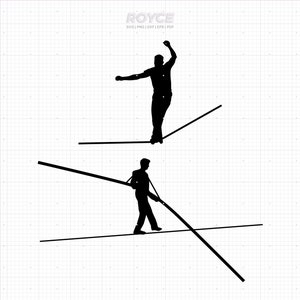 May include: Two black silhouettes of people walking on a tightrope. The person on the top rope has their arms raised above their head. The person on the bottom rope is holding a long pole.