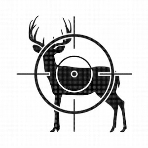 May include: Black and white silhouette of a deer in a crosshair target. The deer is facing right and has large antlers.