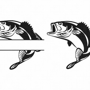 May include: Black and white silhouette of two bass fish jumping out of the water. The fish are facing opposite directions and have their mouths open. The fish are separated by a blank space that can be used for a name or text.