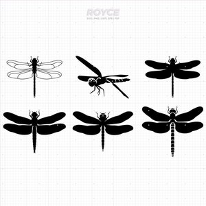 May include: Six black and white dragonfly silhouettes. Three are outlined and three are filled in. The dragonflies are facing different directions.