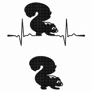 Peut inclure: Silhouette noire et blanche d'un écureuil avec une ligne de battement de cœur au-dessus et en dessous.