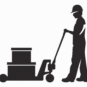 Könnte beinhalten: Eine schwarz-weiße Silhouette einer Person, die einen Handwagen mit zwei Kisten darauf schiebt. Die Person trägt einen Helm.