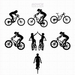 mujer montando una bicicleta de montaña svg, imágenes prediseñadas de bicicleta, bicicleta de montaña png, logotipo dxf, archivos de corte eps vectoriales para uso cricut y silueta